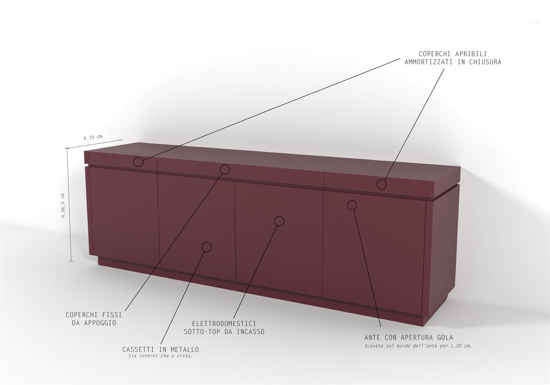 Monolitika closed: openable and fixed lids, finger-pull doors, metal drawers, under-top appliances