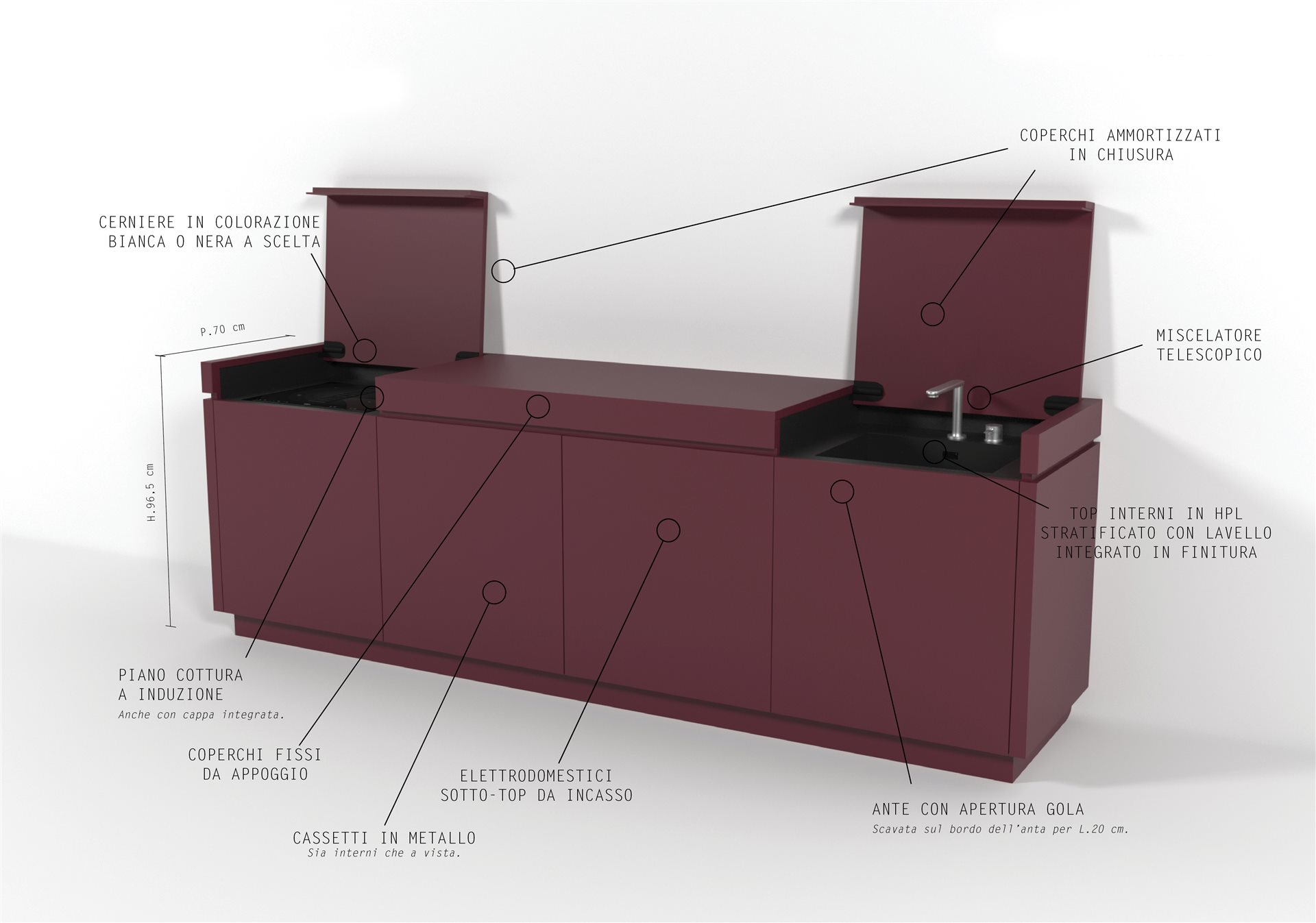 Monolitika open: damped lids, choice of hinge colour, telescopic mixer tap, induction hob, HPL worktops with integrated sink